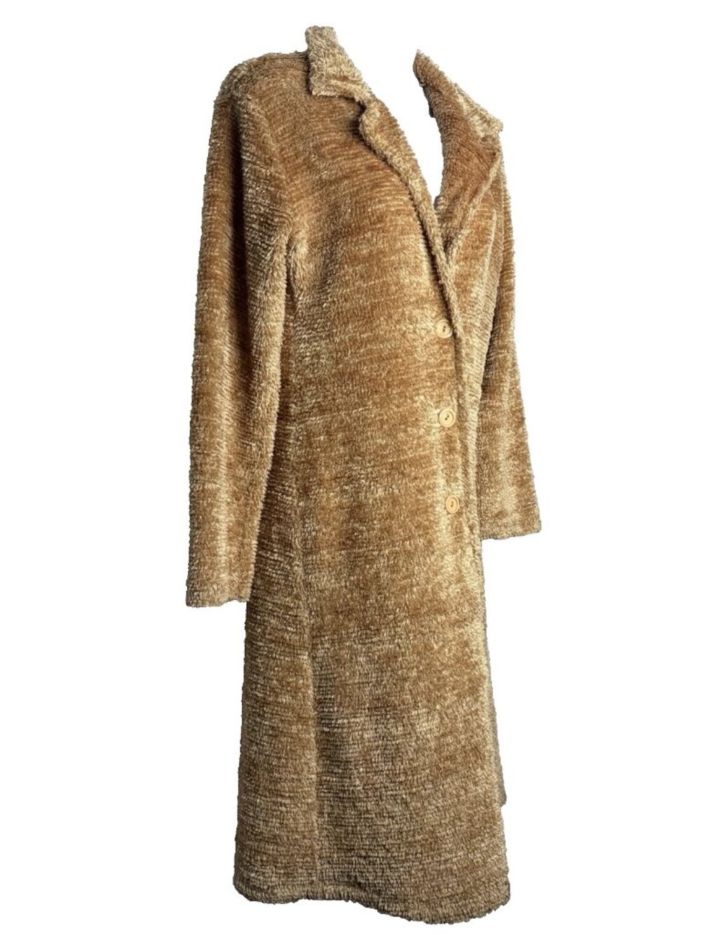 Vintage 90s Pretty Good Chenille Sweater Coat Size M Golden Brown Shag Longline - Picture 3 of 8